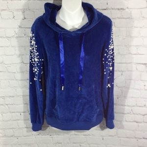 White Pearl embellished Blue hoodie long top S New